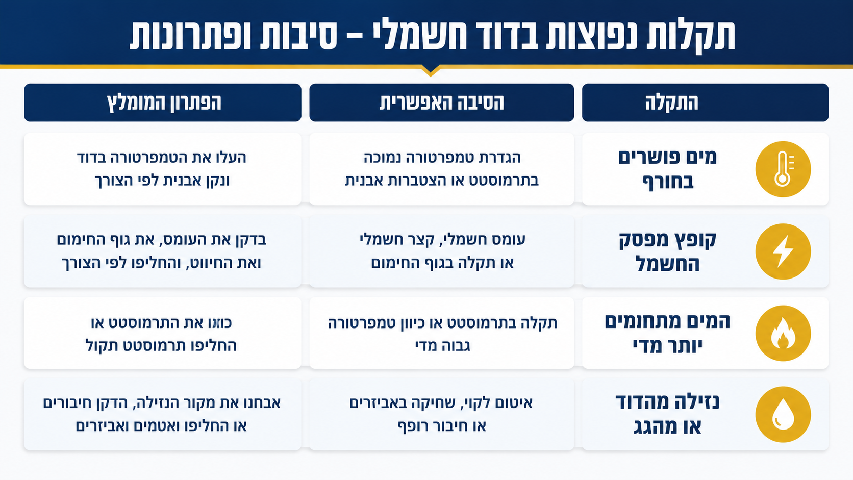 תרשים תקלות נפוצות בדוד שמש - גוף חימום, תרמוסטט, נזילות ואטמים