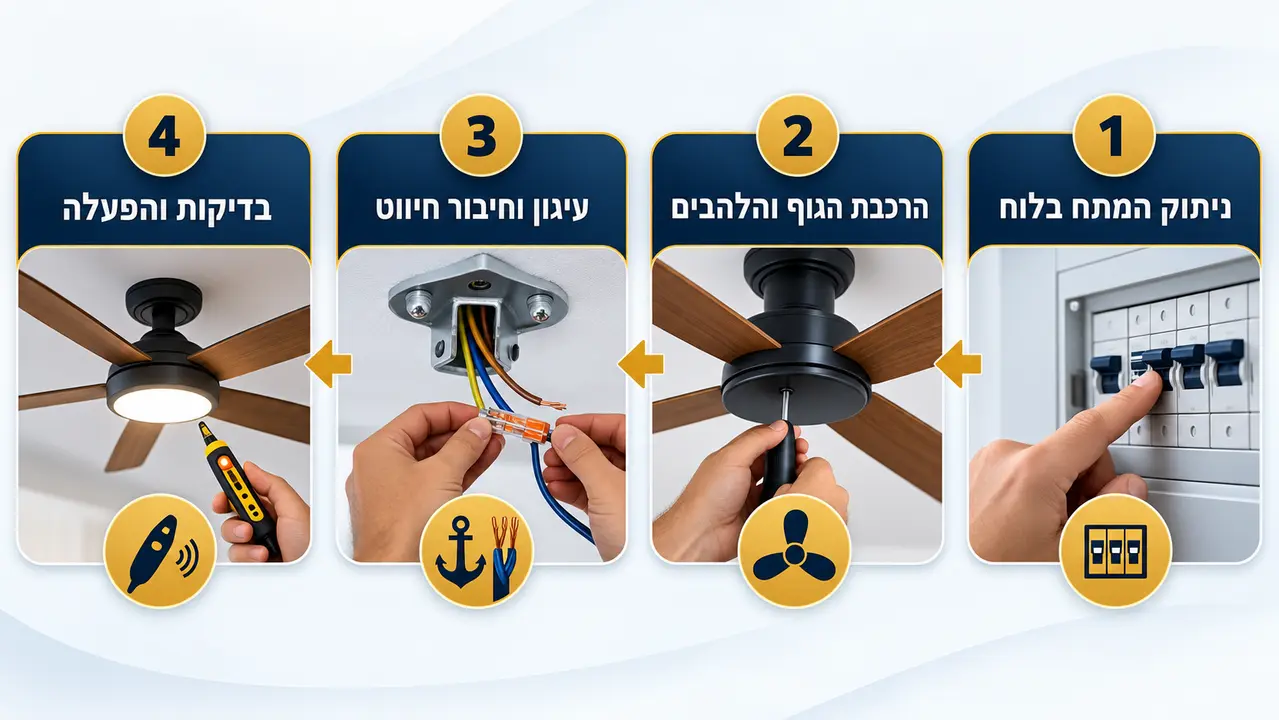 חשמלאי מוסמך מתקין מאוורר תקרה שלב אחר שלב