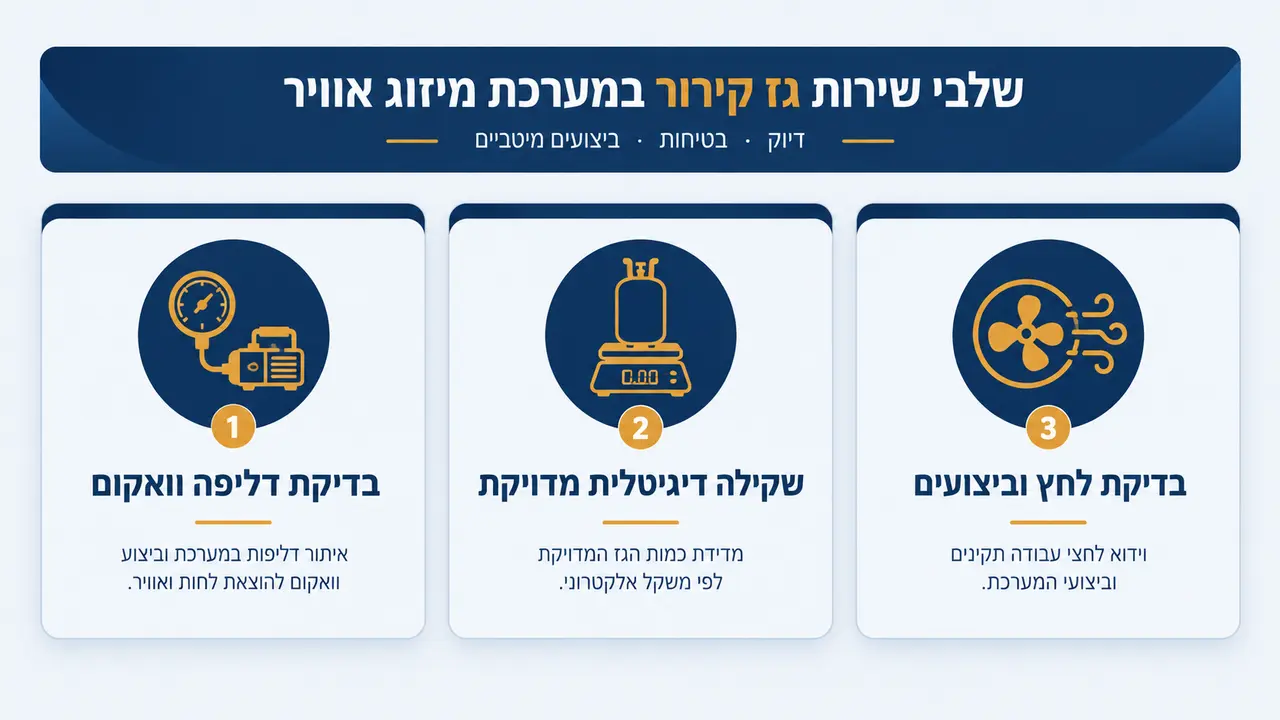טכנאי מזגנים מבצע מילוי גז תקין הכולל איתור דליפה, שאיבת ואקום ושקילה דיגיטלית